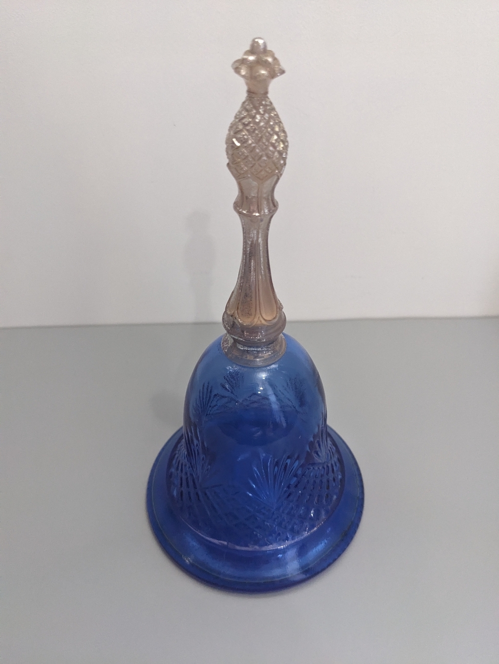 Avon Vintage 1980s Blue Glass Bell Shape Figurine Silver Tone Handle Etched